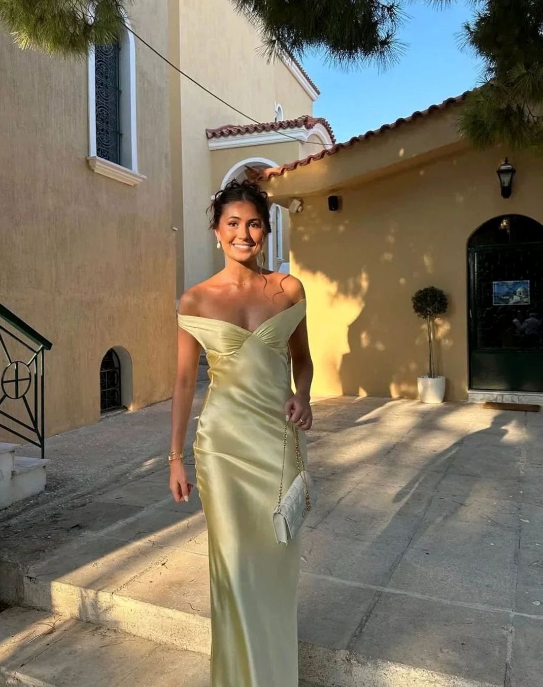 Women's Off-Shoulder Satin Maxi Wedding Guest Dress