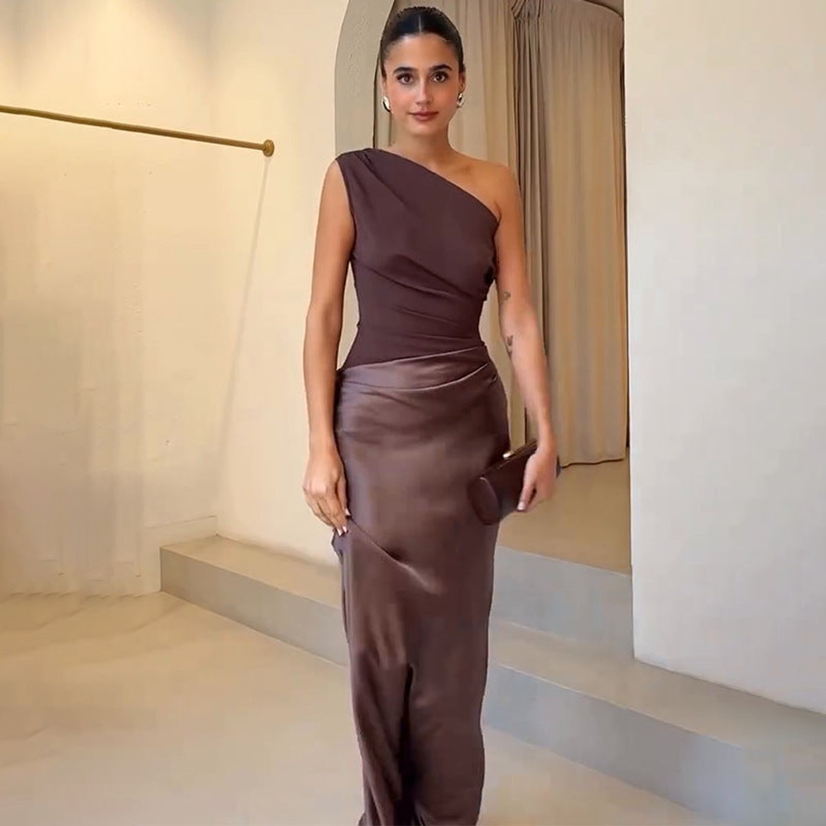 Women's One-Shoulder Fitted Maxi Wedding Guest Dress - Dark Brown