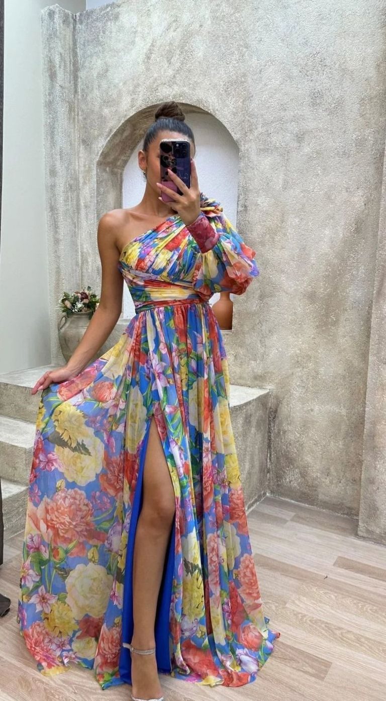 Women's One-Shoulder Floral Maxi Dress Slit Evening Gown - Multicolour