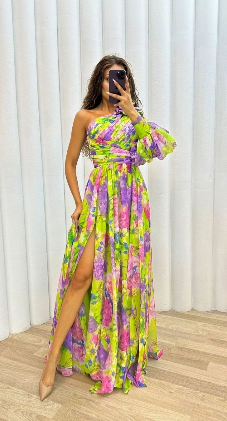 Women's One-Shoulder Floral Maxi Dress Slit Evening Gown - Yellow