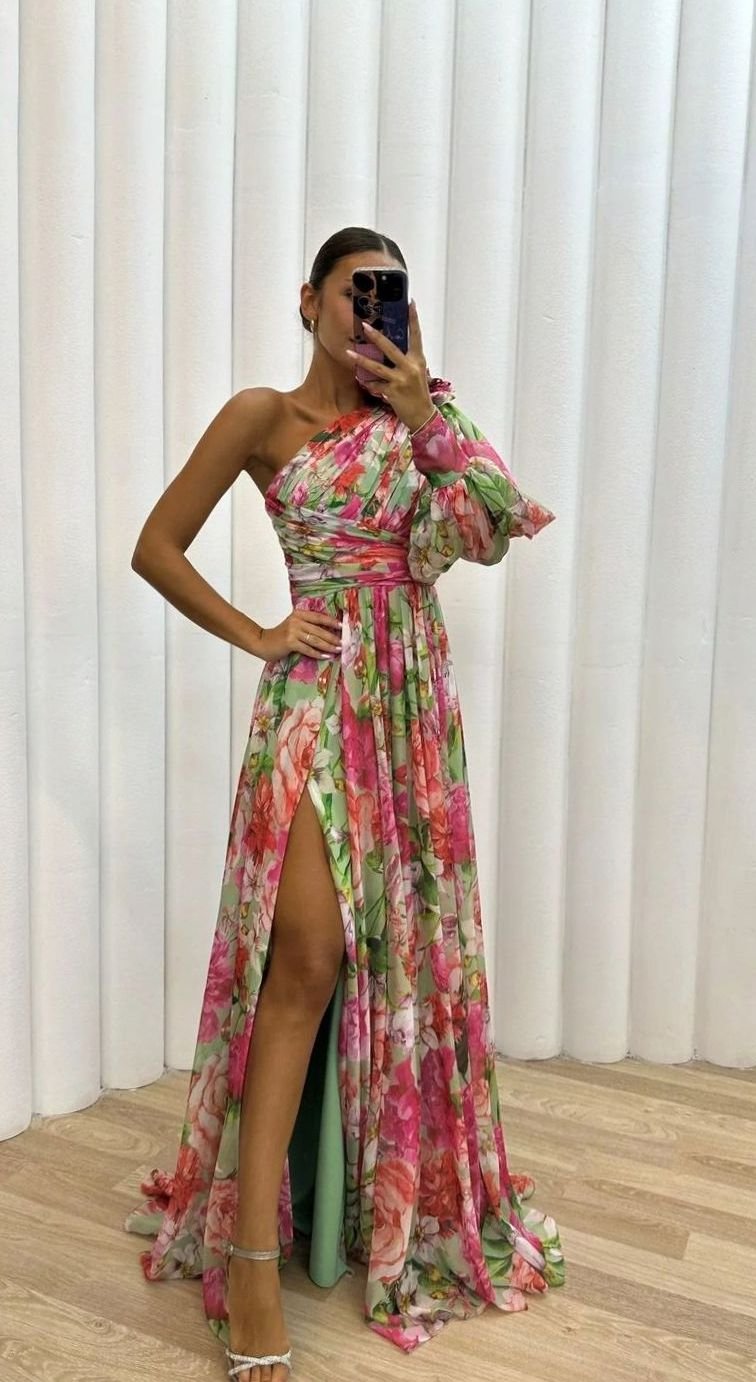 Women's One-Shoulder Floral Maxi Dress Slit Evening Gown - Pink