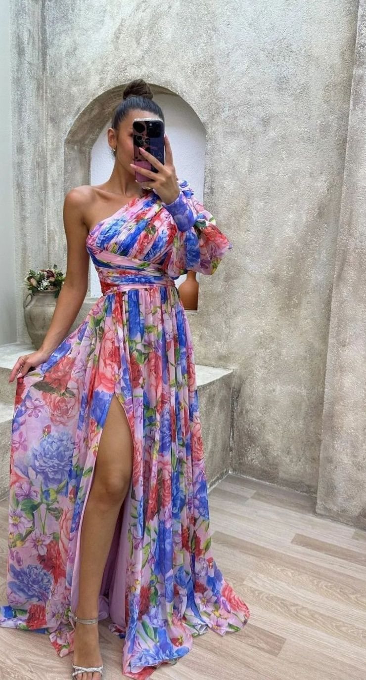 Women's One-Shoulder Floral Maxi Dress Slit Evening Gown