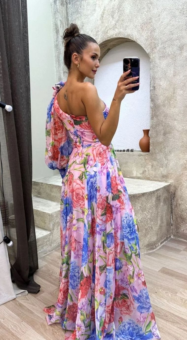 Women's One-Shoulder Floral Maxi Dress Slit Evening Gown