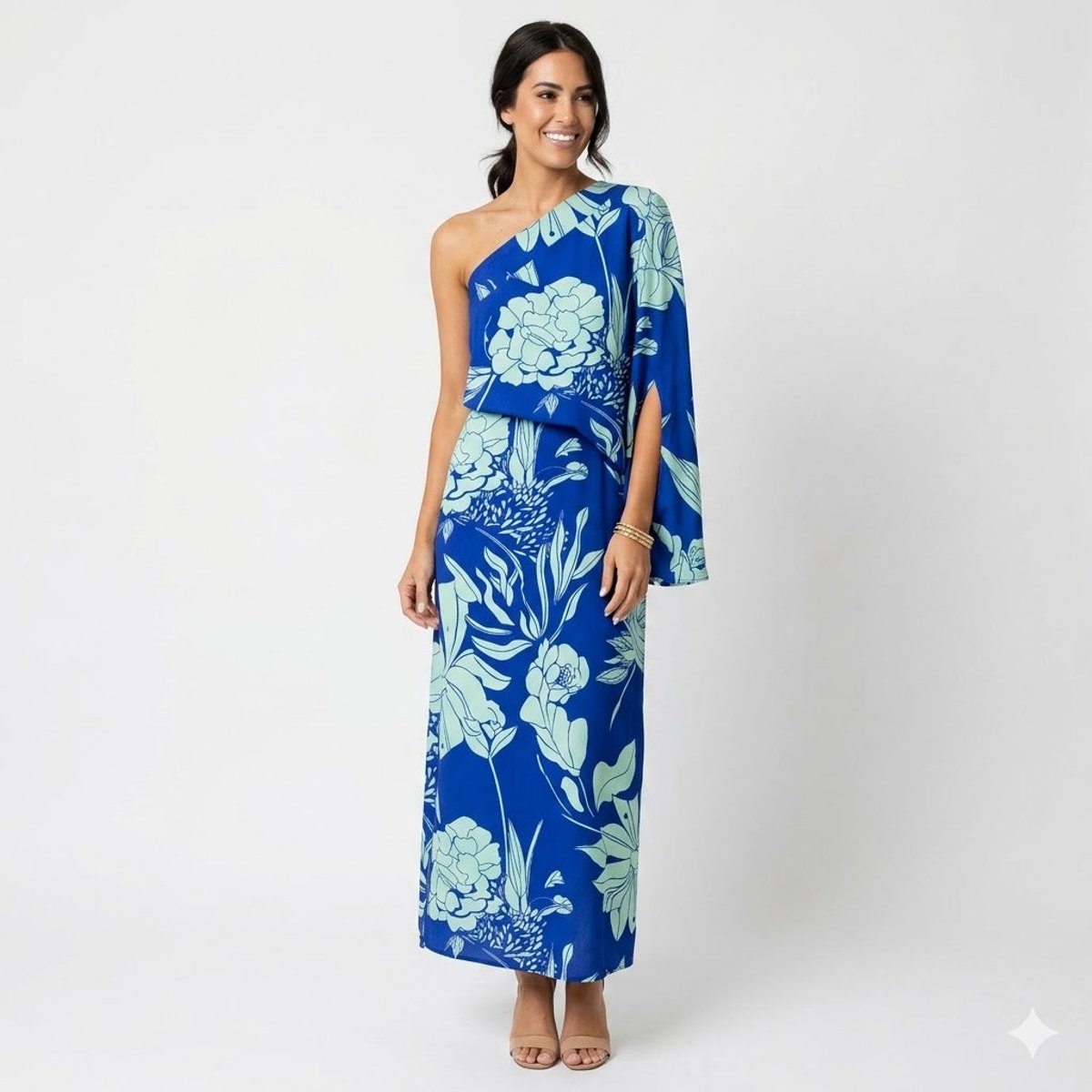 Women's One-Shoulder Floral Maxi Summer Dress Jumpsuit - Blue