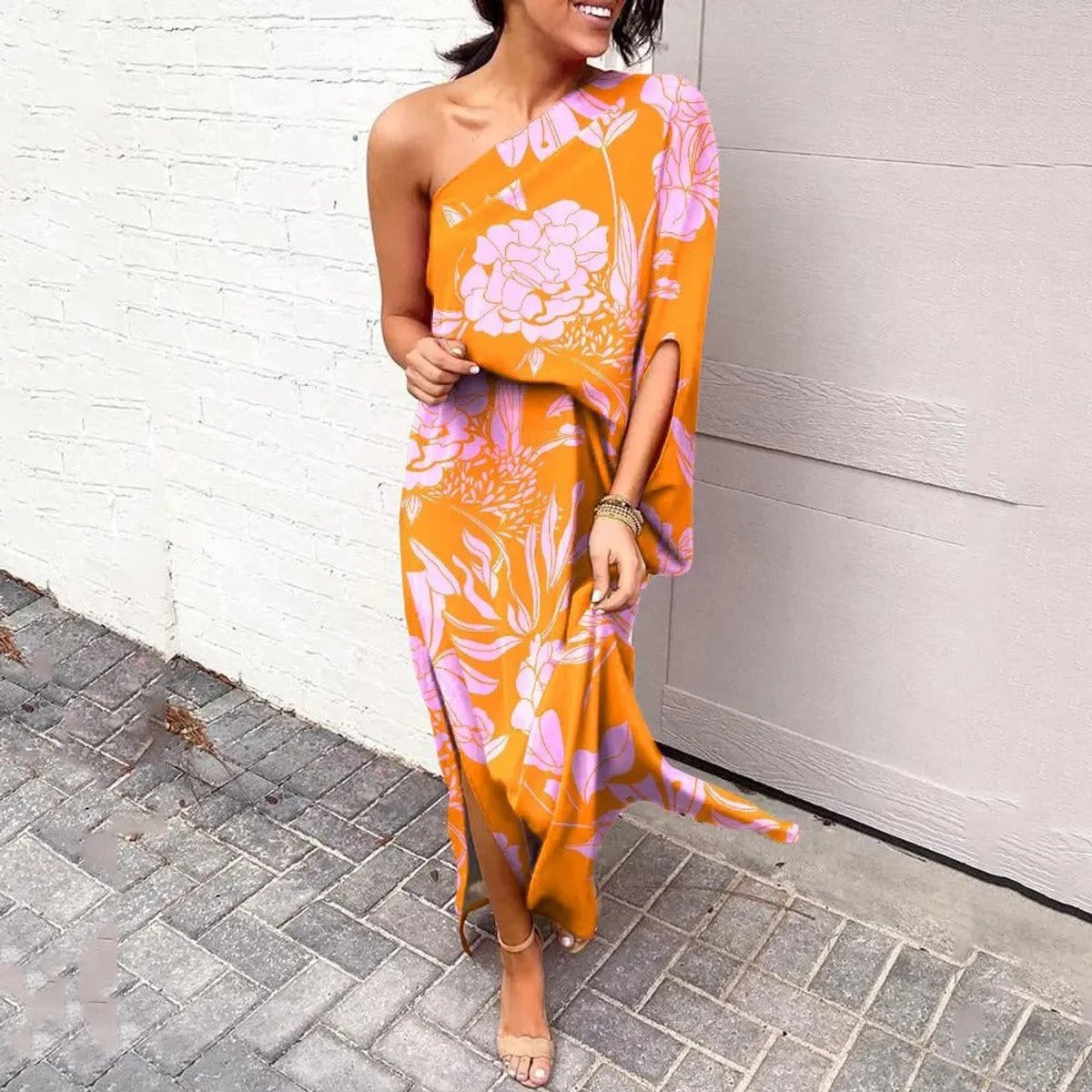 Women's One-Shoulder Floral Maxi Summer Dress Jumpsuit - Orange