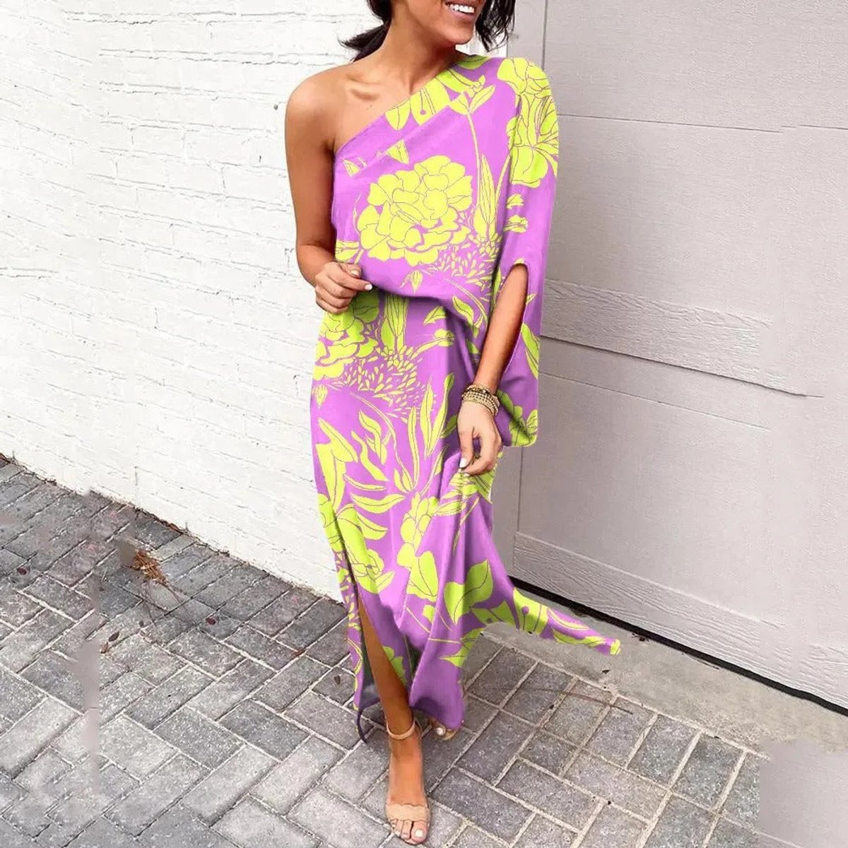 Women's One-Shoulder Floral Maxi Summer Dress Jumpsuit - Purple