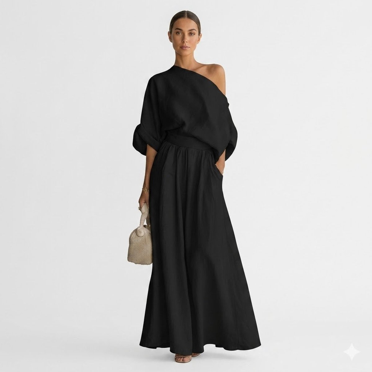 Women's One-Shoulder Linen Maxi Set Summer Dress Jumpsuit - Black