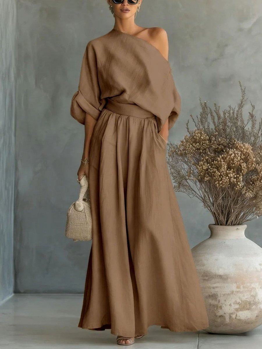 Women's One-Shoulder Linen Maxi Set Summer Dress Jumpsuit - Dark Brown