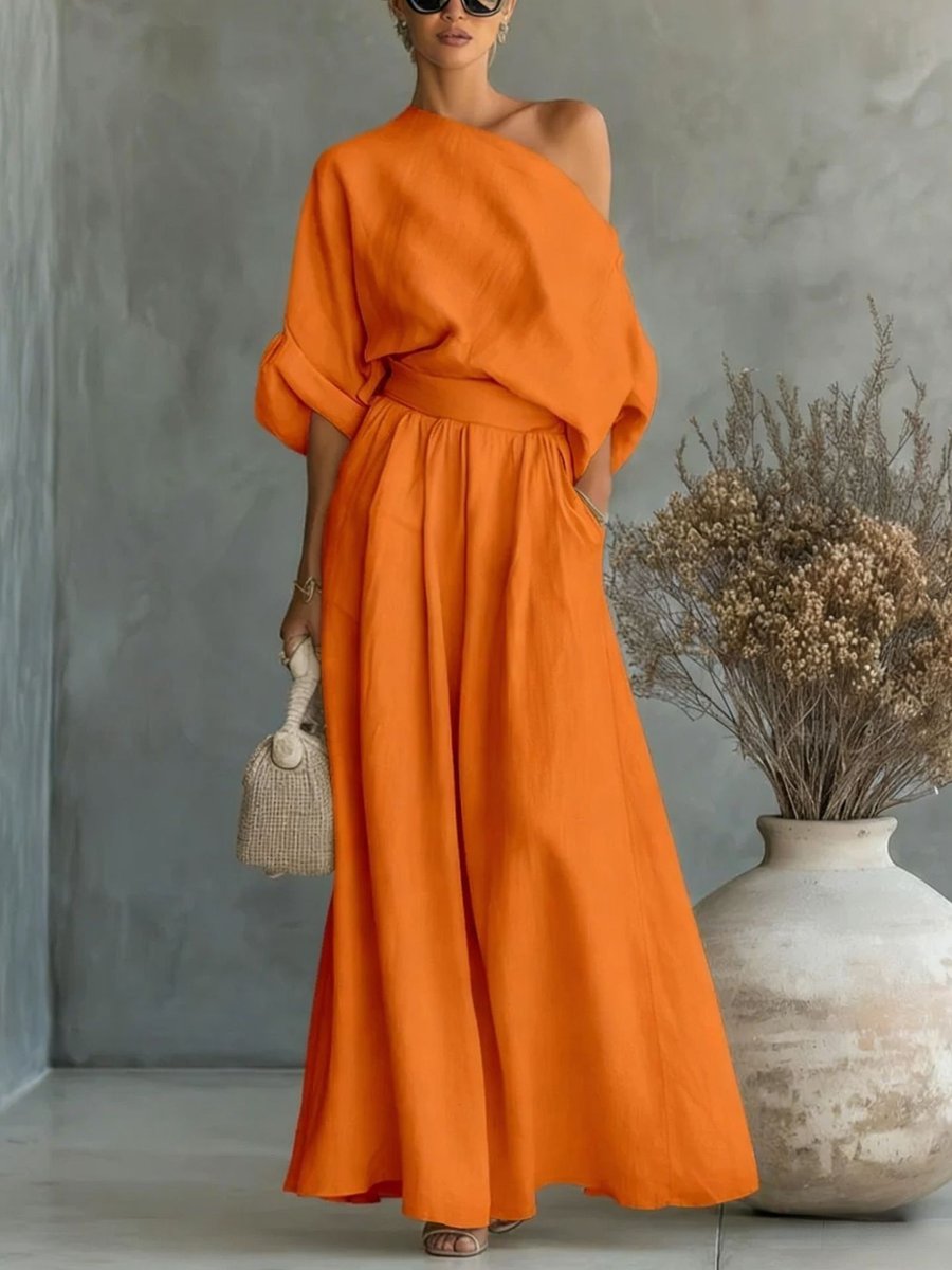 Women's One-Shoulder Linen Maxi Set Summer Dress Jumpsuit - Orange