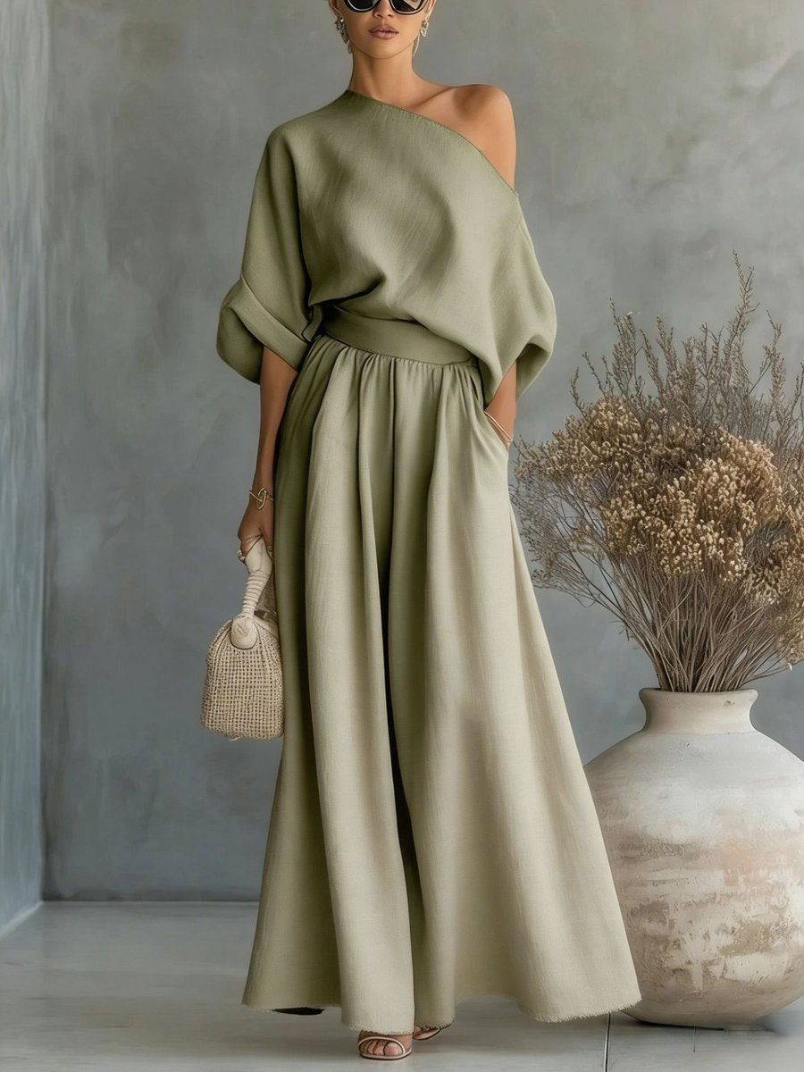 Women's One-Shoulder Linen Maxi Set Summer Dress Jumpsuit - Olive