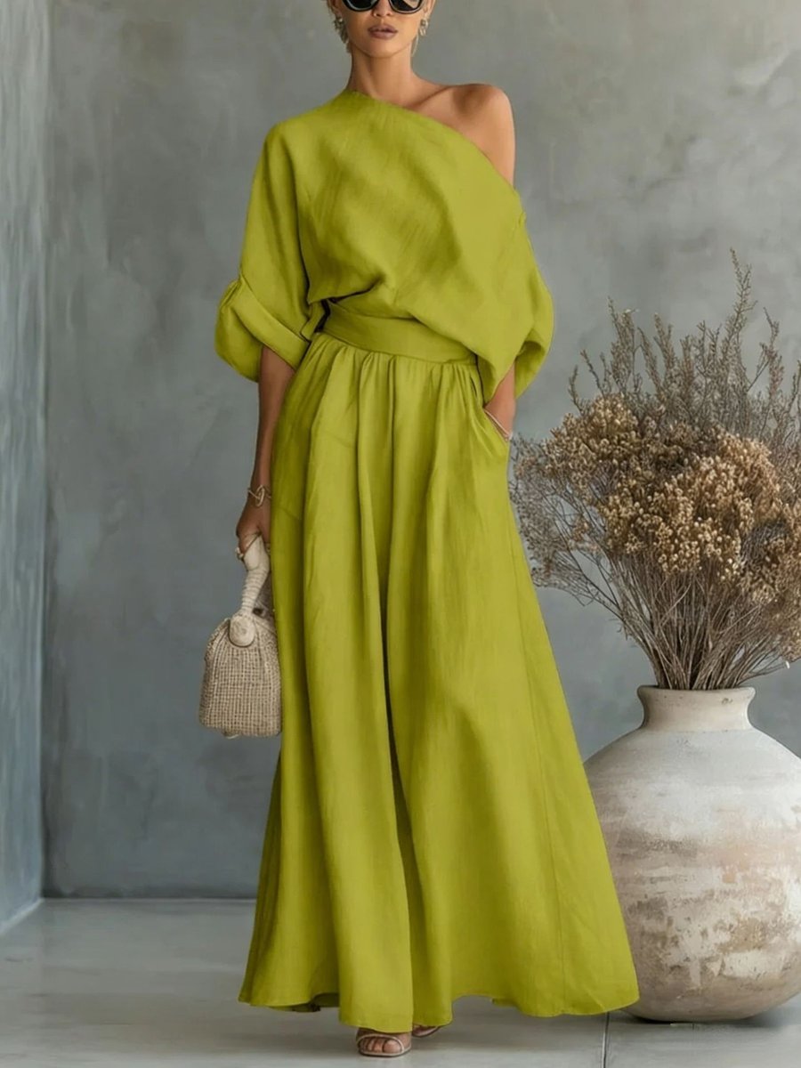 Women's One-Shoulder Linen Maxi Set Summer Dress Jumpsuit - Yellow Green