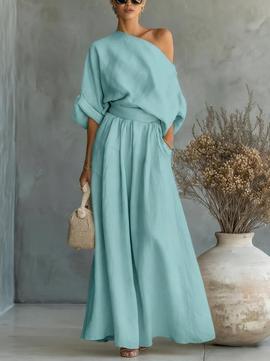 Women's One-Shoulder Linen Maxi Set Summer Dress Jumpsuit - Sky Blue