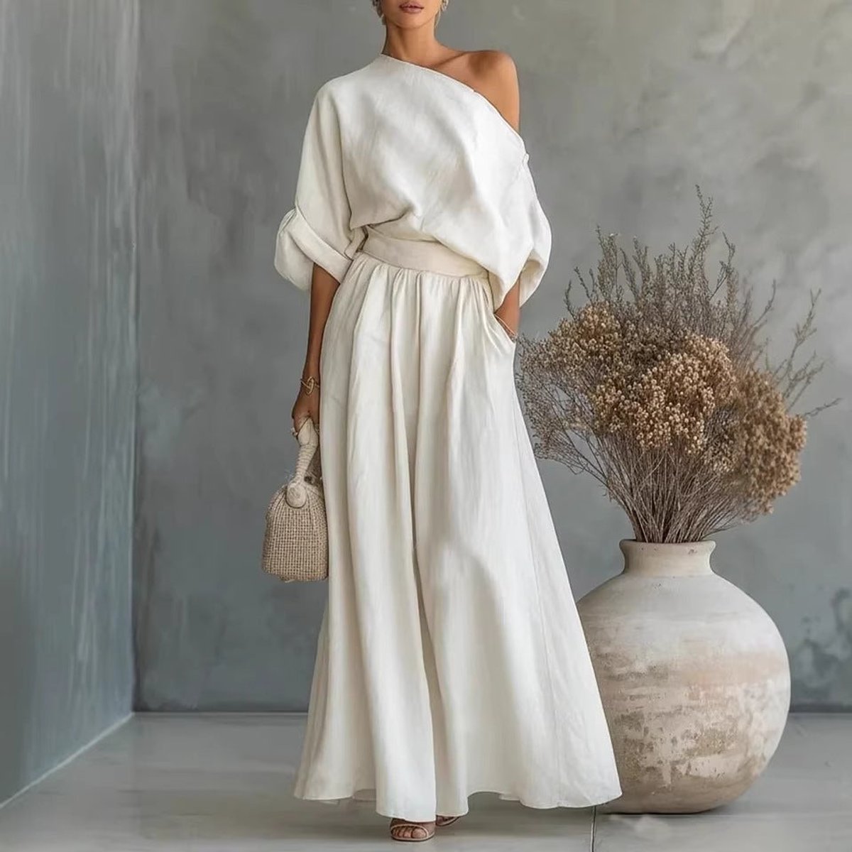 Women's One-Shoulder Linen Maxi Set Summer Dress Jumpsuit