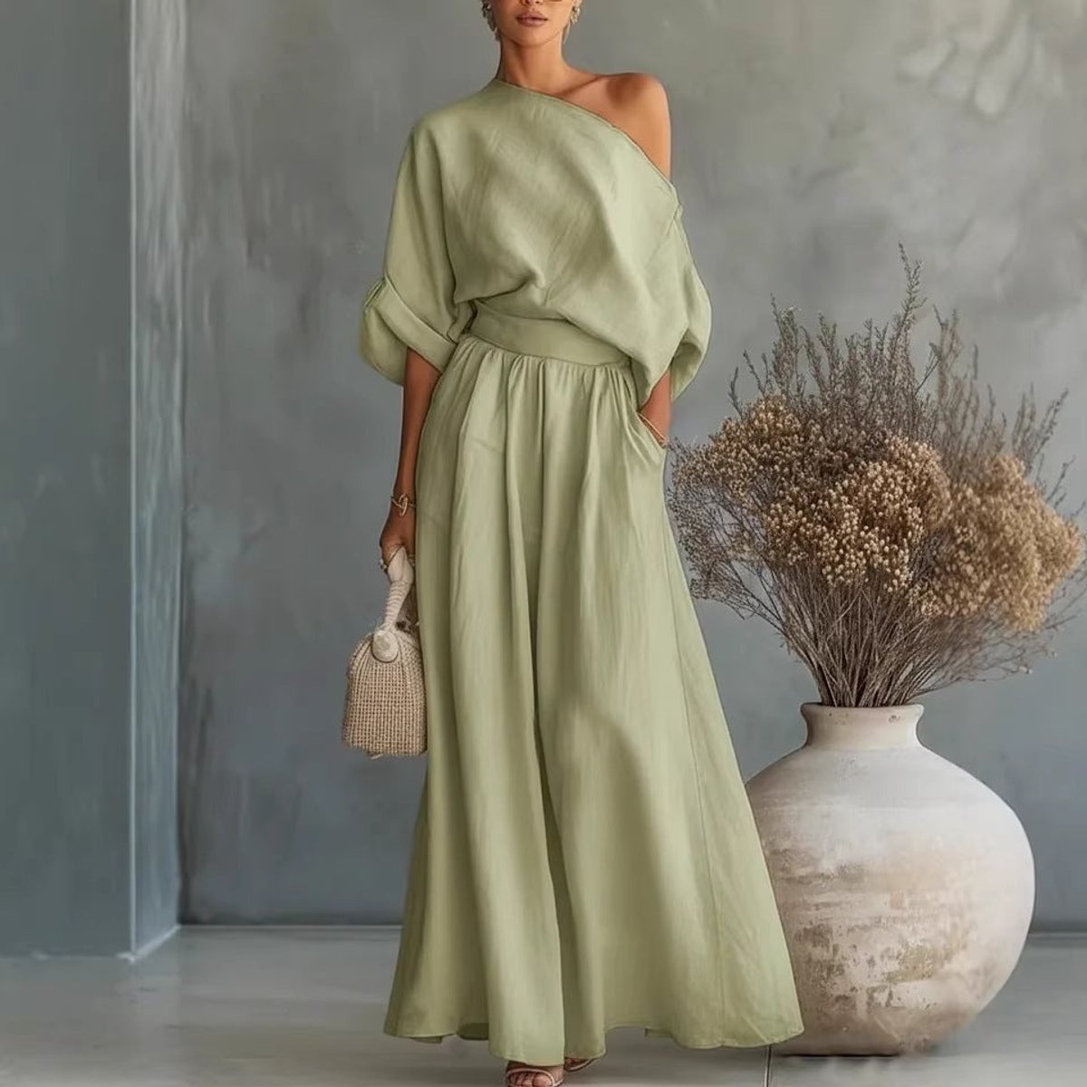 Women's One-Shoulder Linen Maxi Set Summer Dress Jumpsuit