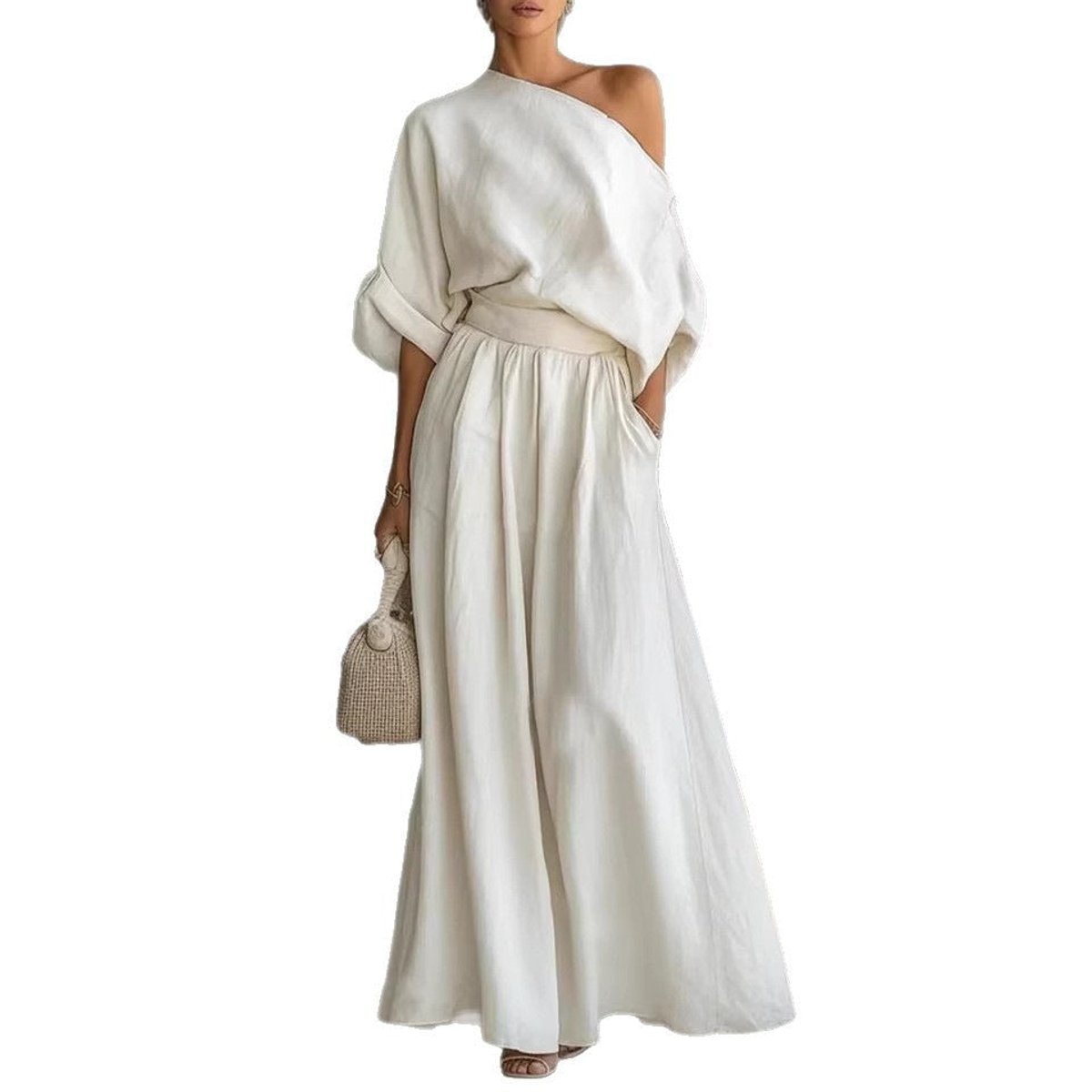 Women's One-Shoulder Linen Maxi Set Summer Dress Jumpsuit