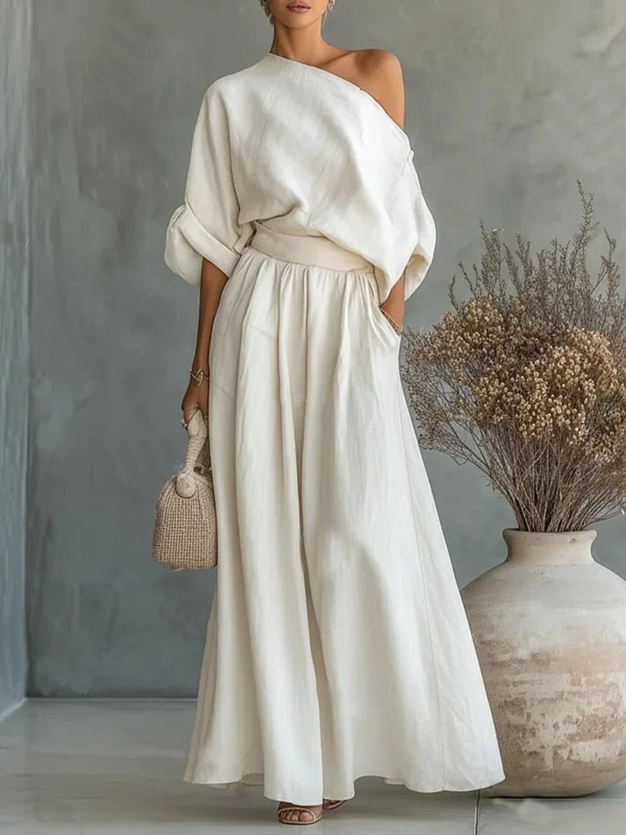 Women's One-Shoulder Linen Maxi Set Summer Dress Jumpsuit - White