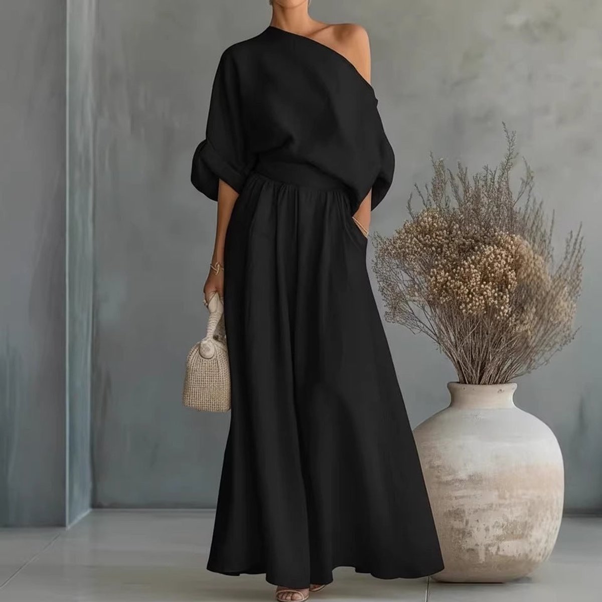 Women's One-Shoulder Linen Maxi Set Summer Dress Jumpsuit