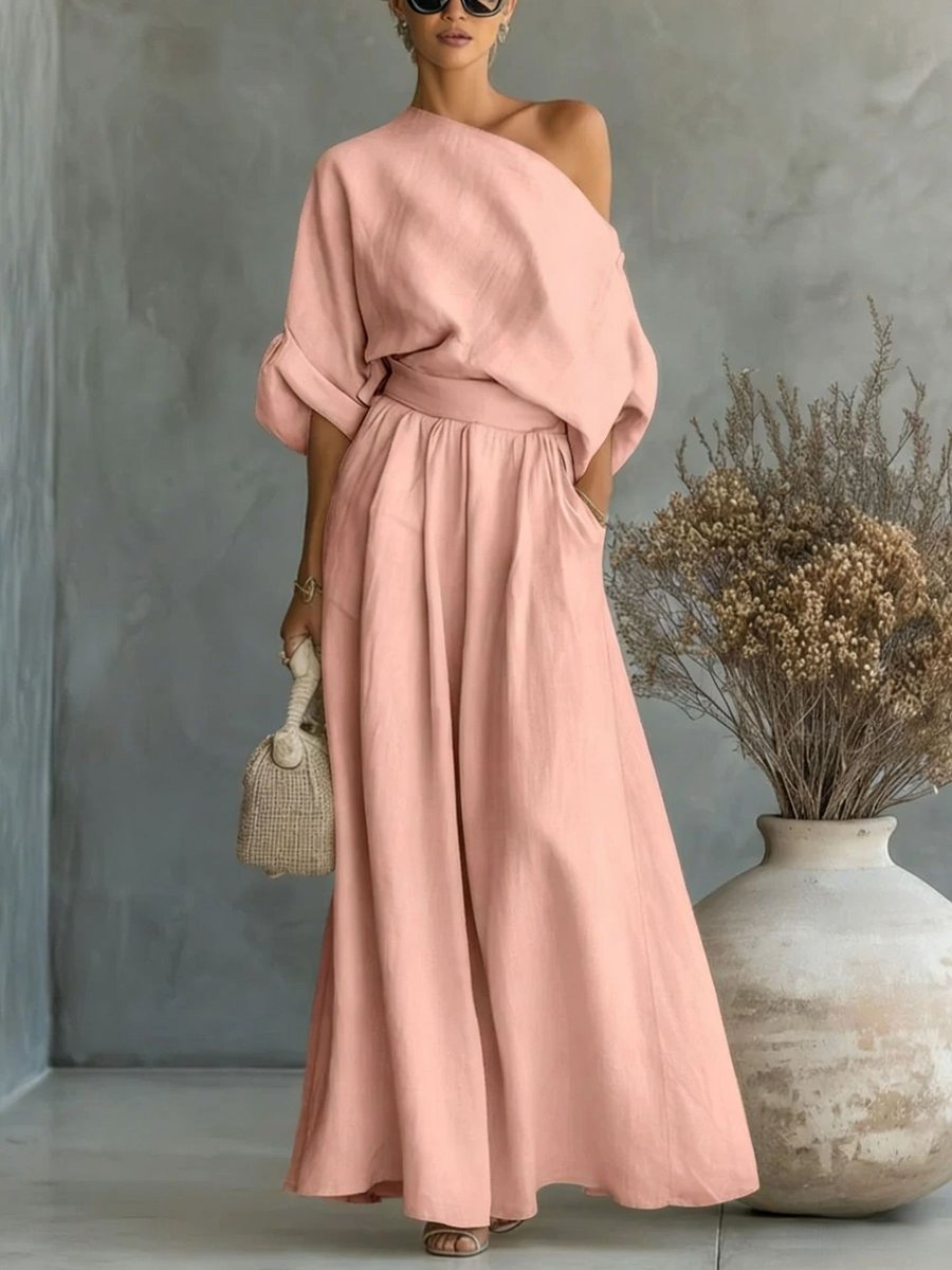 Women's One-Shoulder Linen Maxi Set Summer Dress Jumpsuit - Pink