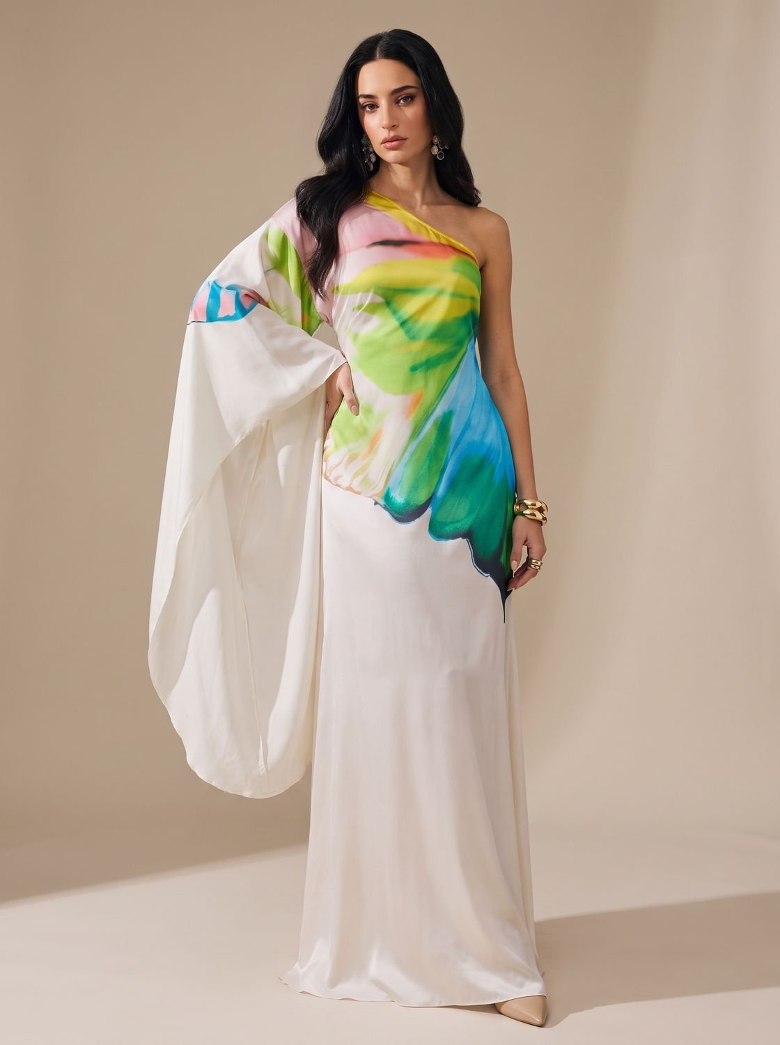Women's One Shoulder Maxi Cocktail Dress Watercolour Print