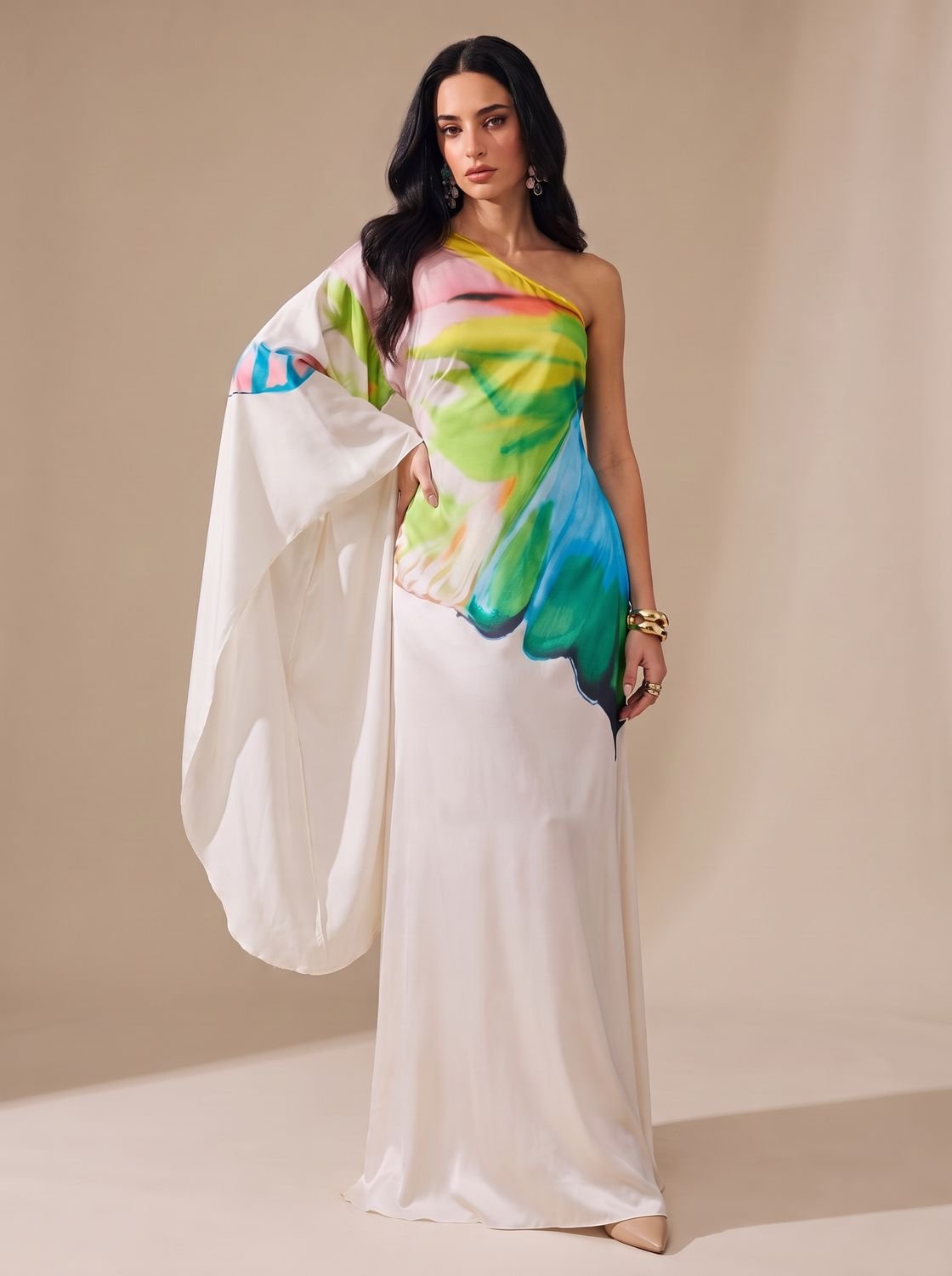 Women's One Shoulder Maxi Cocktail Dress Watercolour Print