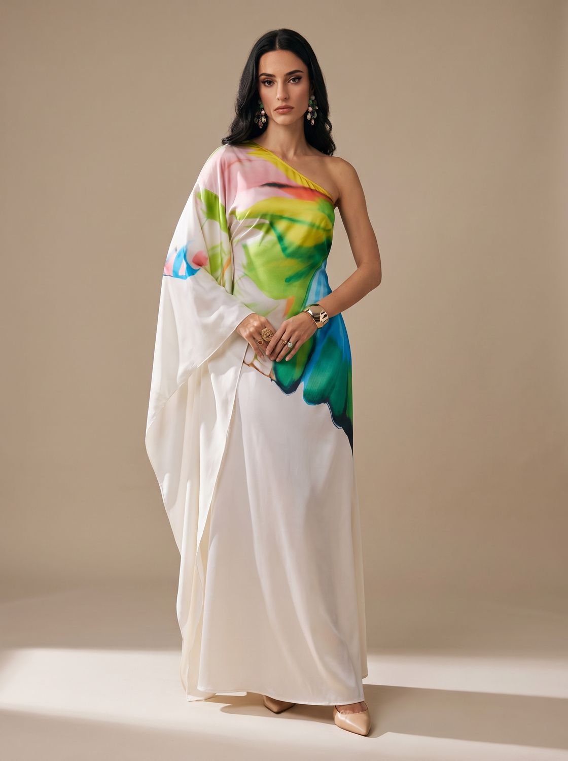 Women's One Shoulder Maxi Cocktail Dress Watercolour Print