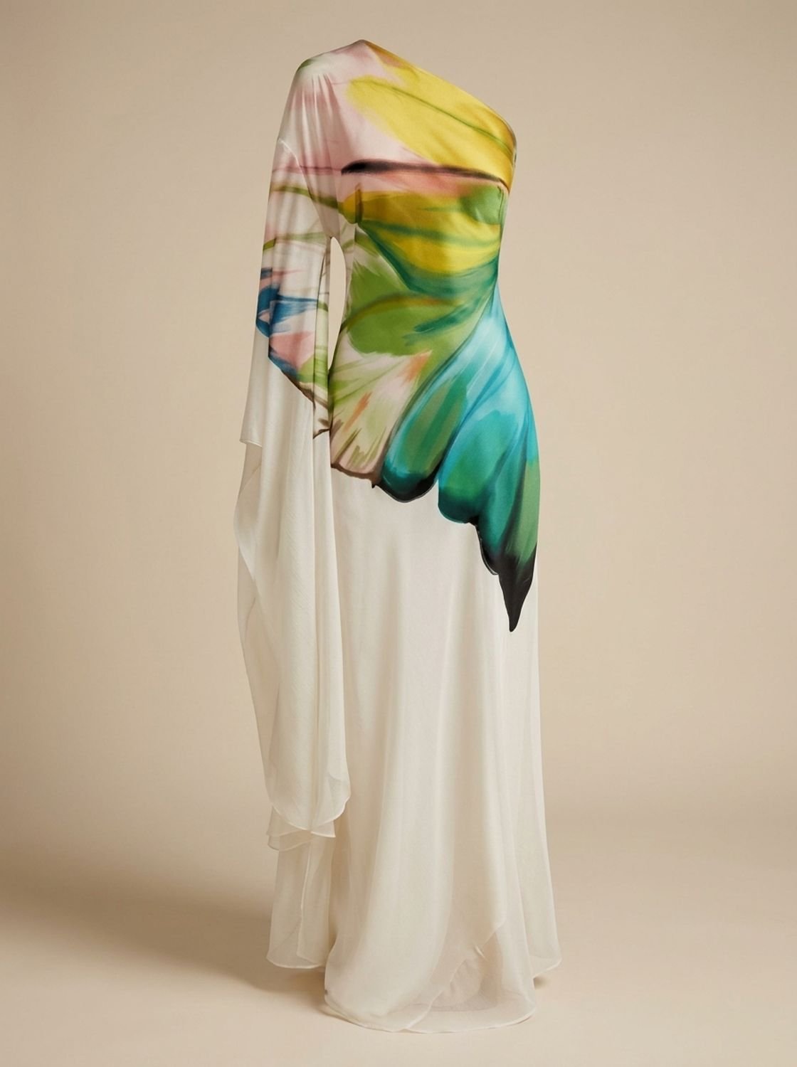 Women's One Shoulder Maxi Cocktail Dress Watercolour Print - White