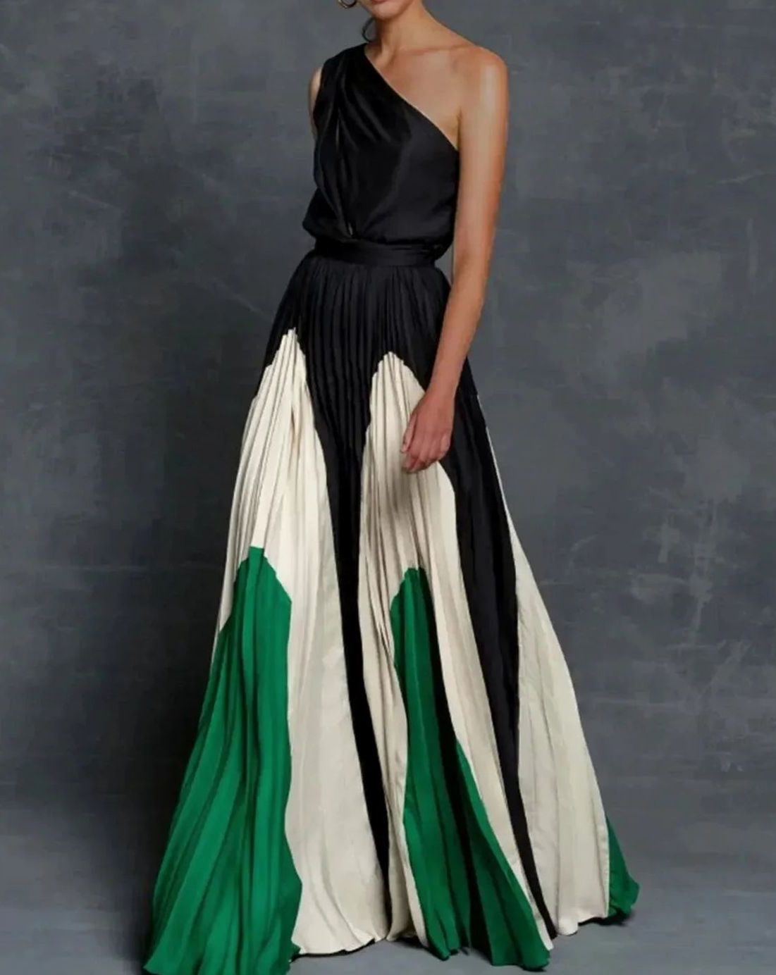 Women's One-Shoulder Pleated Colour-Block Maxi Dress - Green