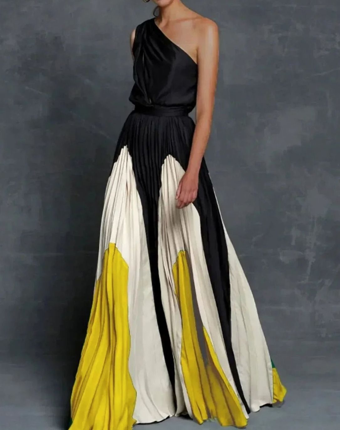 Women's One-Shoulder Pleated Colour-Block Maxi Dress - Yellow