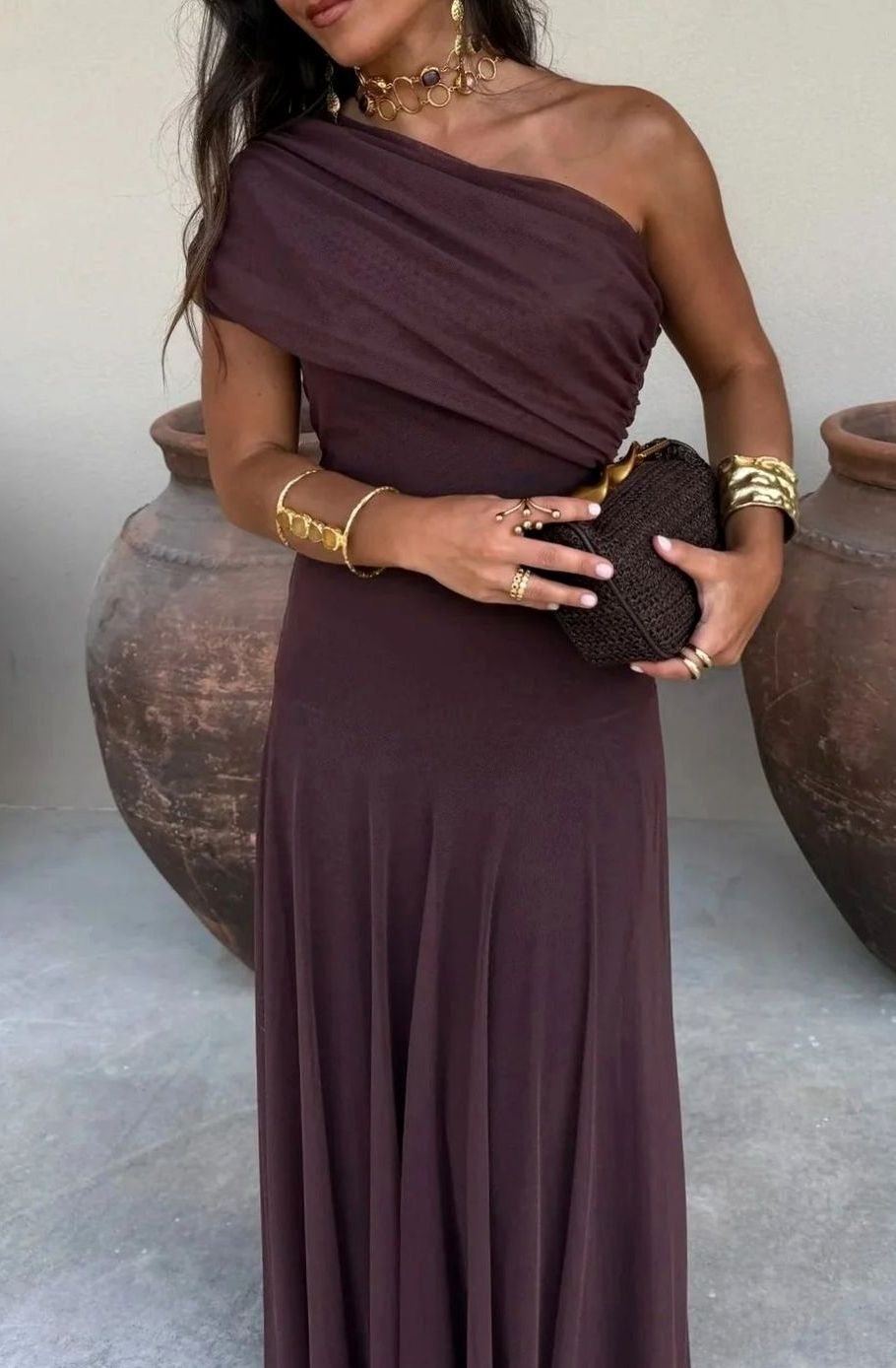 Women's One-Shoulder Pleated Formal Maxi Dress - Brown