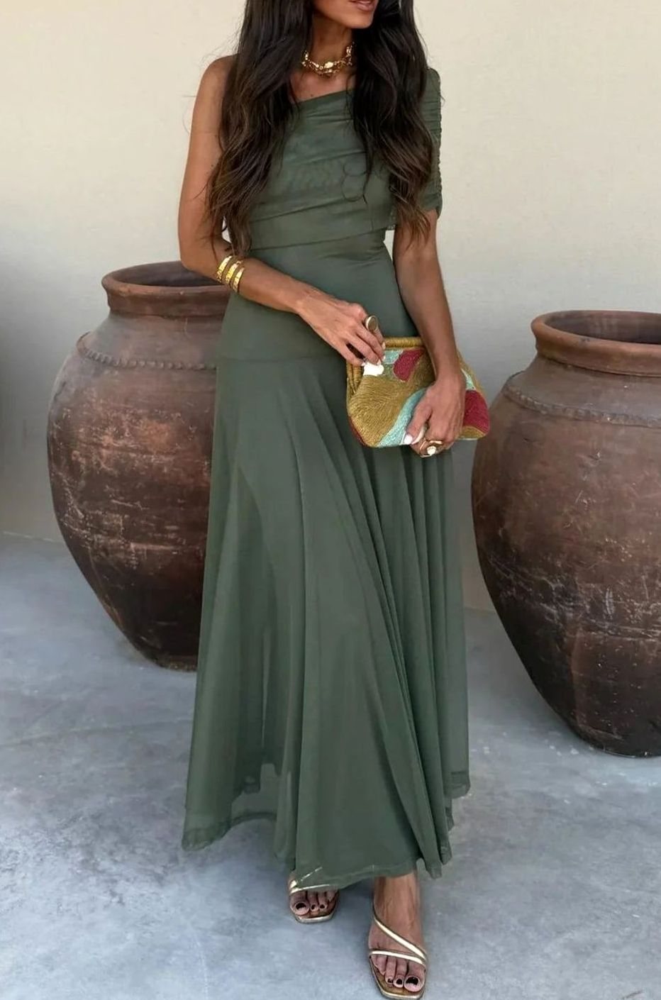 Women's One-Shoulder Pleated Formal Maxi Dress - Green