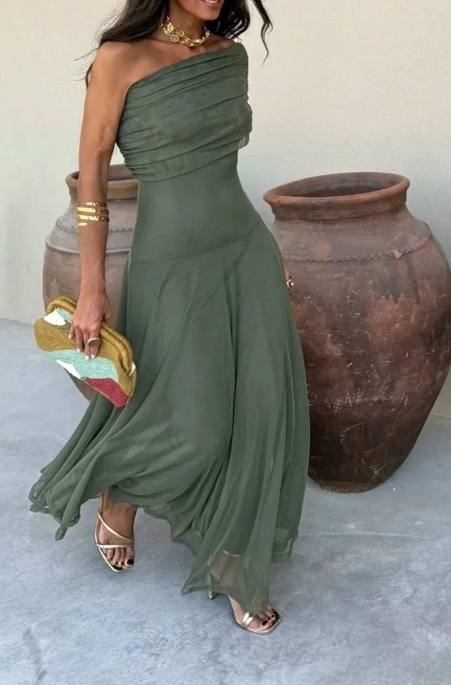 Women's One-Shoulder Pleated Formal Maxi Dress