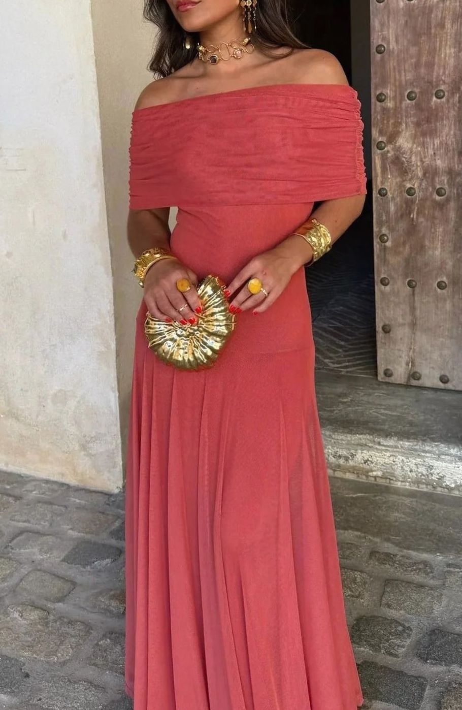 Women's One-Shoulder Pleated Formal Maxi Dress - Red