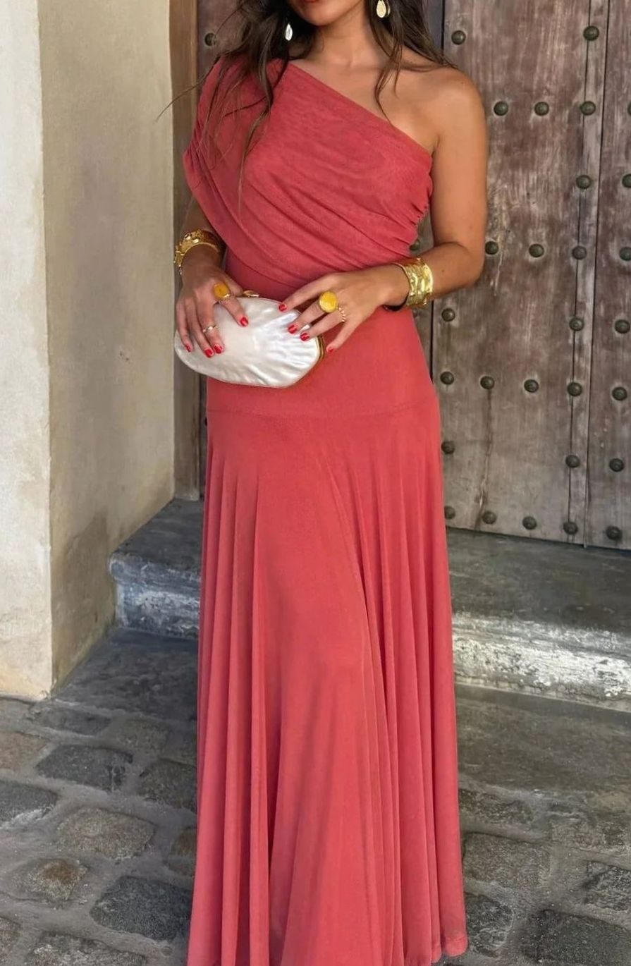 Women's One-Shoulder Pleated Formal Maxi Dress