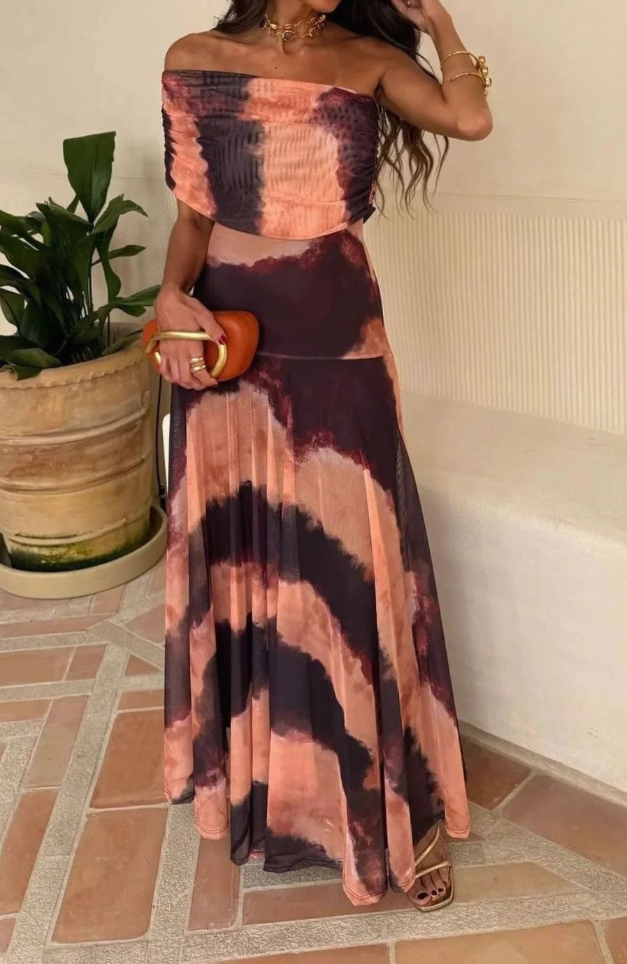 Women's One-Shoulder Pleated Formal Maxi Dress - Orange