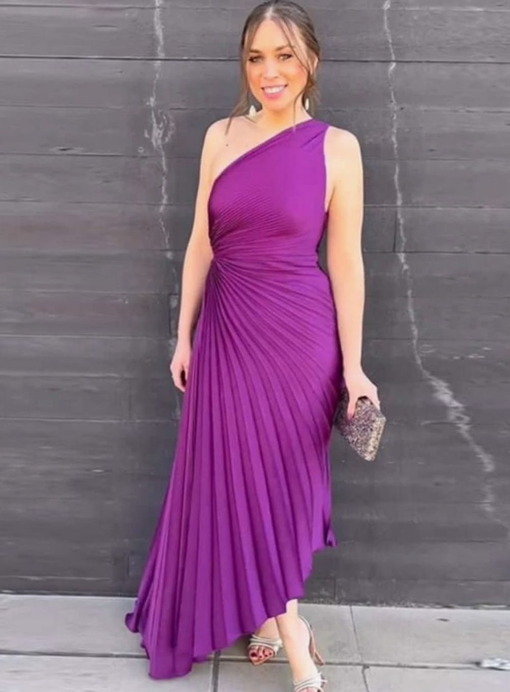 Women's One-Shoulder Pleated Formal Maxi Evening Dress III - Pink