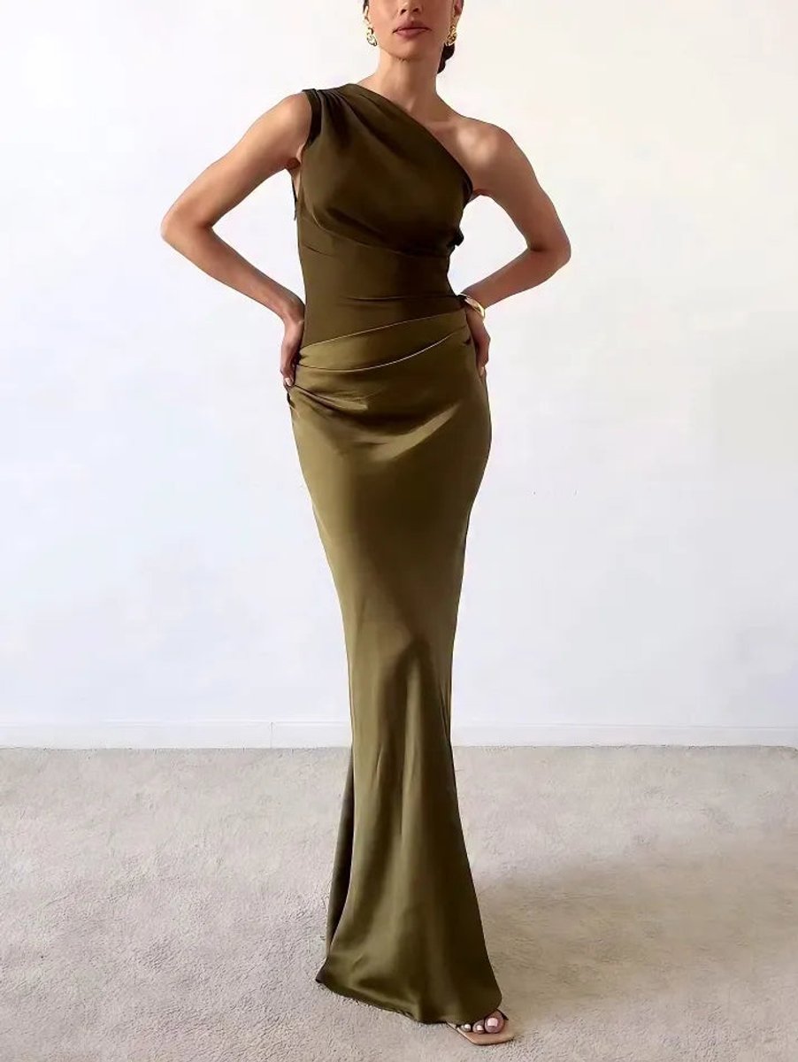 Women's One-Shoulder Pleated Satin Formal & Evening Dress Maxi Gown - Dark Green