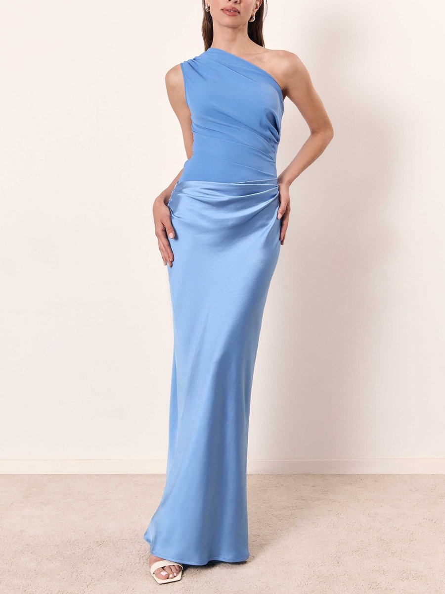 Women's One-Shoulder Pleated Satin Formal & Evening Dress Maxi Gown - Blue