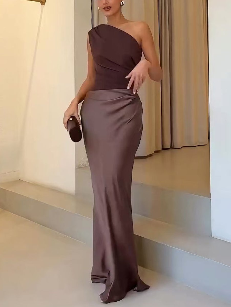 Women's One-Shoulder Pleated Satin Formal & Evening Dress Maxi Gown