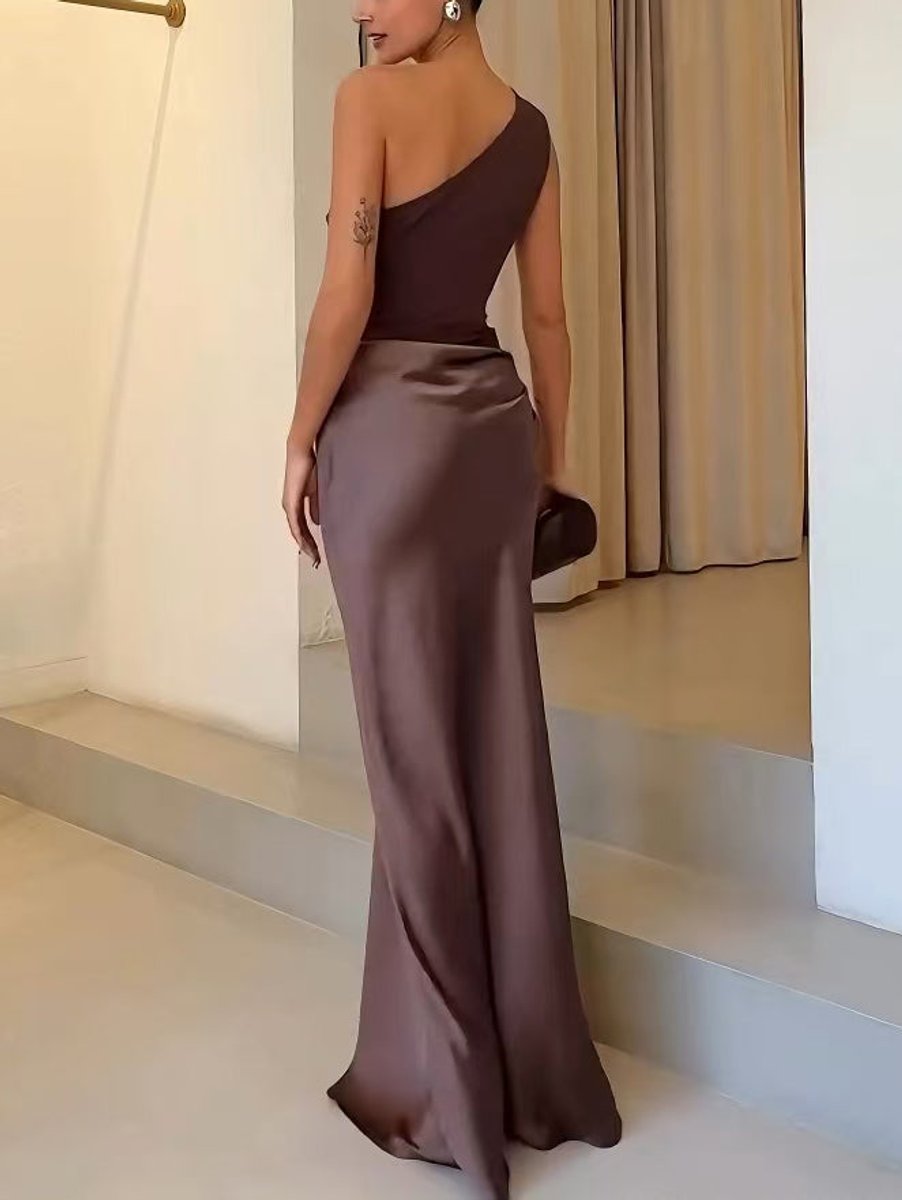 Women's One-Shoulder Pleated Satin Formal & Evening Dress Maxi Gown
