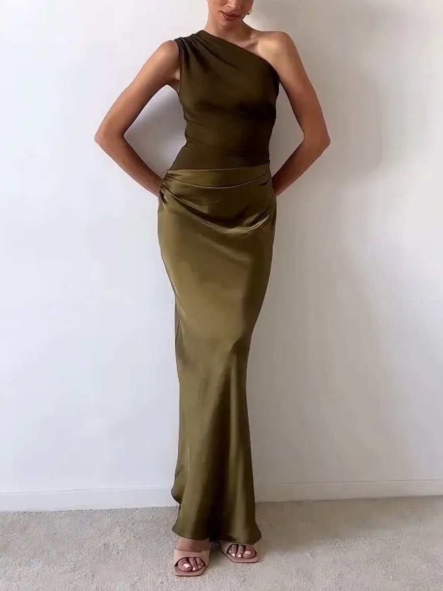 Women's One-Shoulder Pleated Satin Formal & Evening Dress Maxi Gown