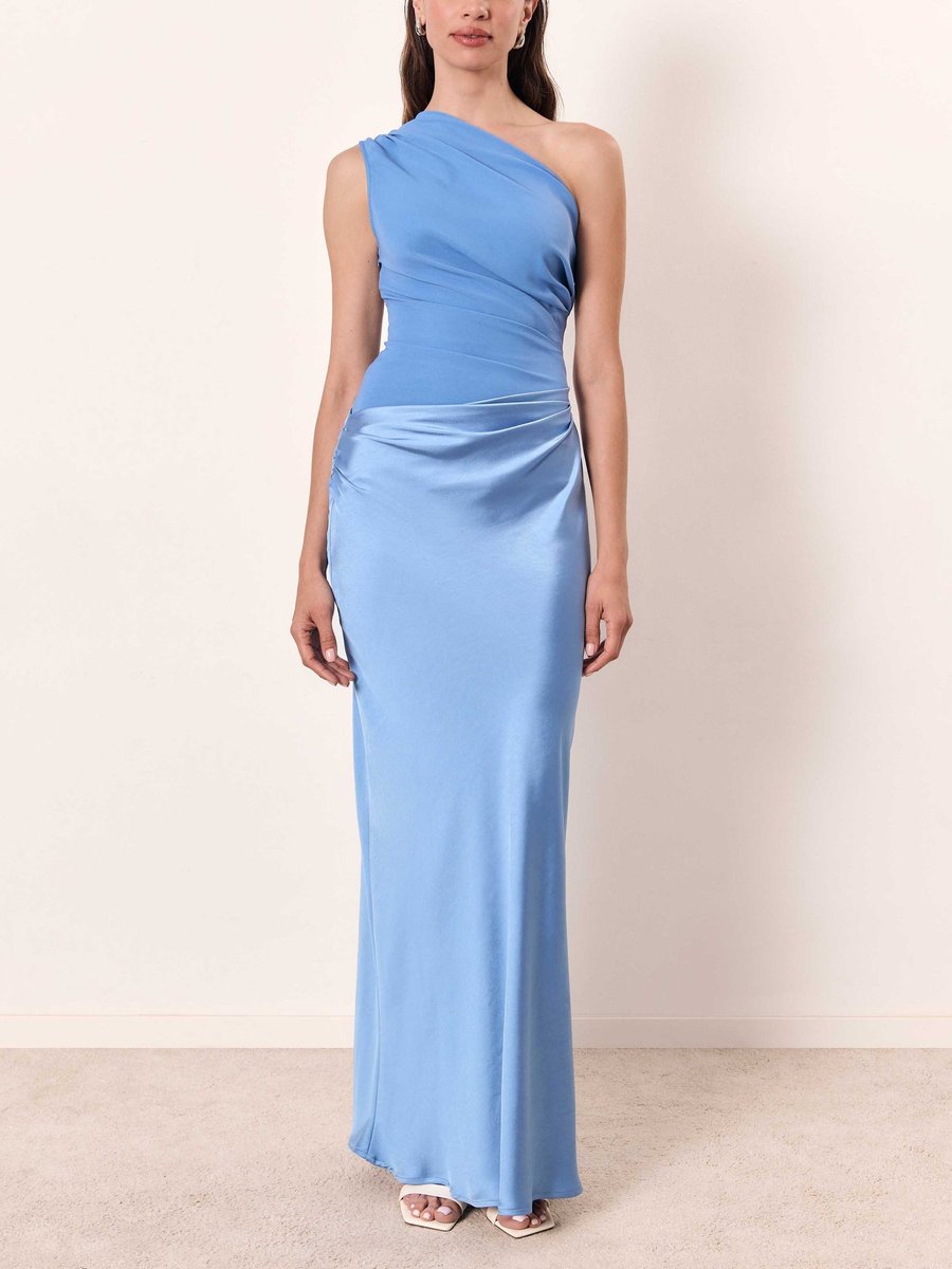 Women's One-Shoulder Pleated Satin Formal & Evening Dress Maxi Gown