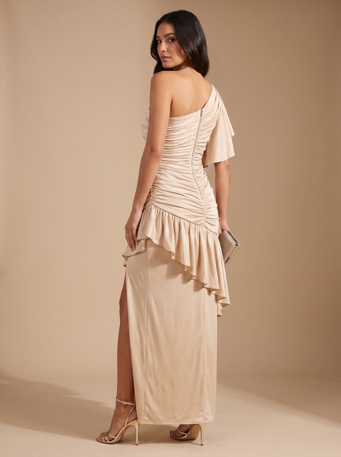 Women's One-Shoulder Ruched Bodice Midi Dress Side Slit