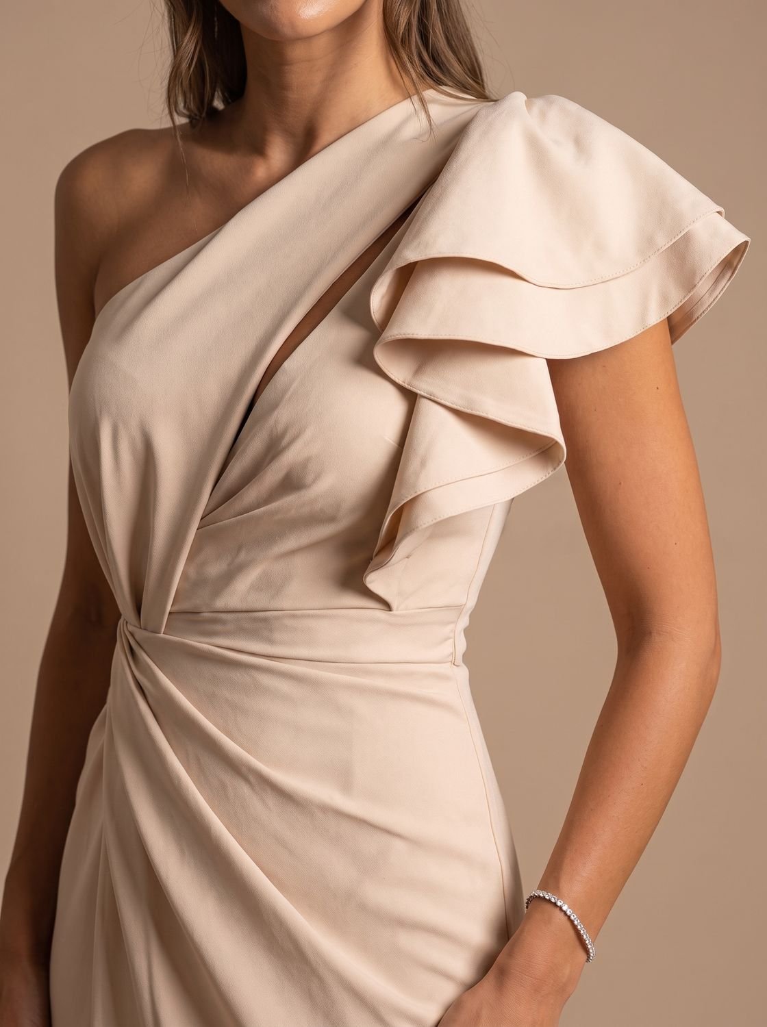 Women's One-Shoulder Ruched Bodice Midi Dress Side Slit