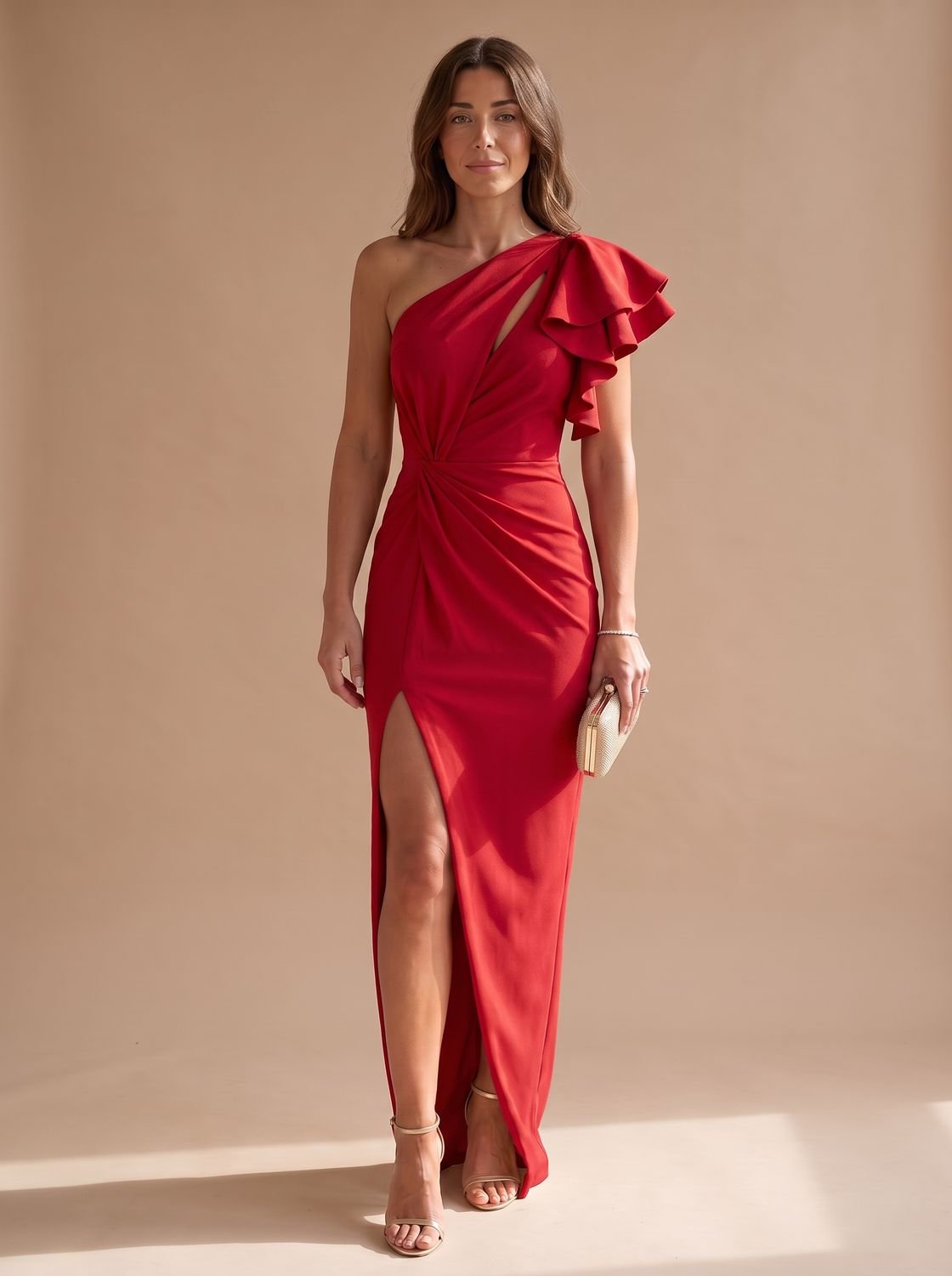 Women's One-Shoulder Ruched Bodice Midi Dress Side Slit - Red