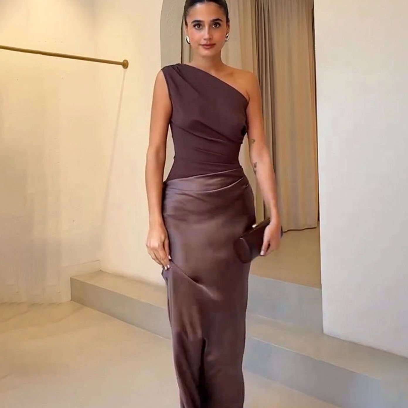 Women's One-Shoulder Ruched Maxi Dress - Dark Brown