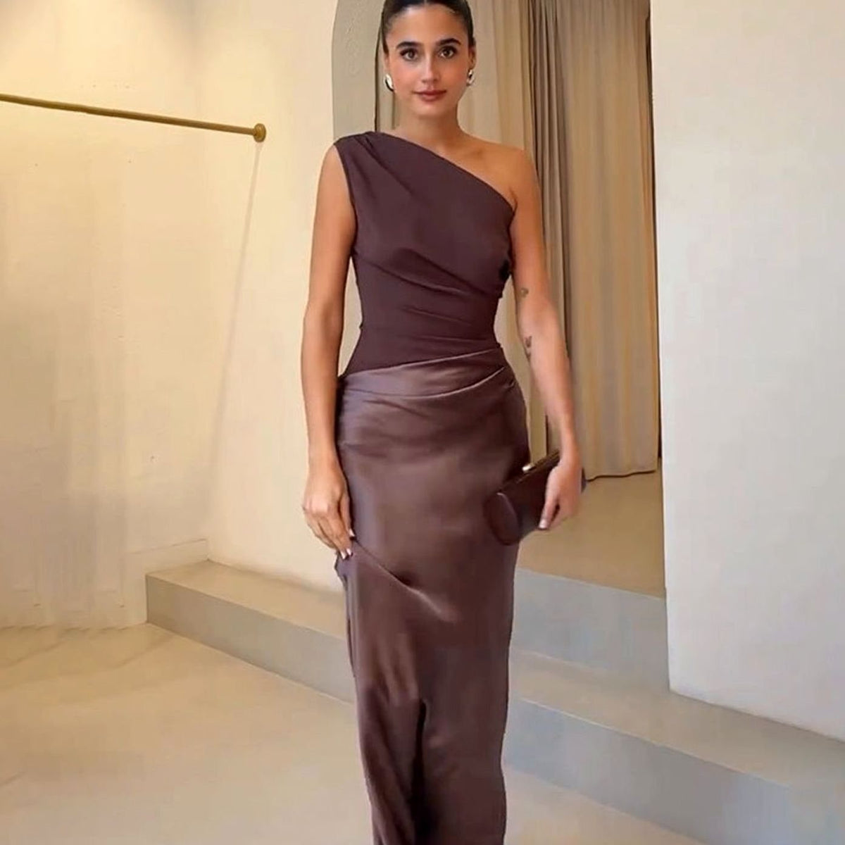 Women's One-Shoulder Ruched Maxi Dress - Dark Brown