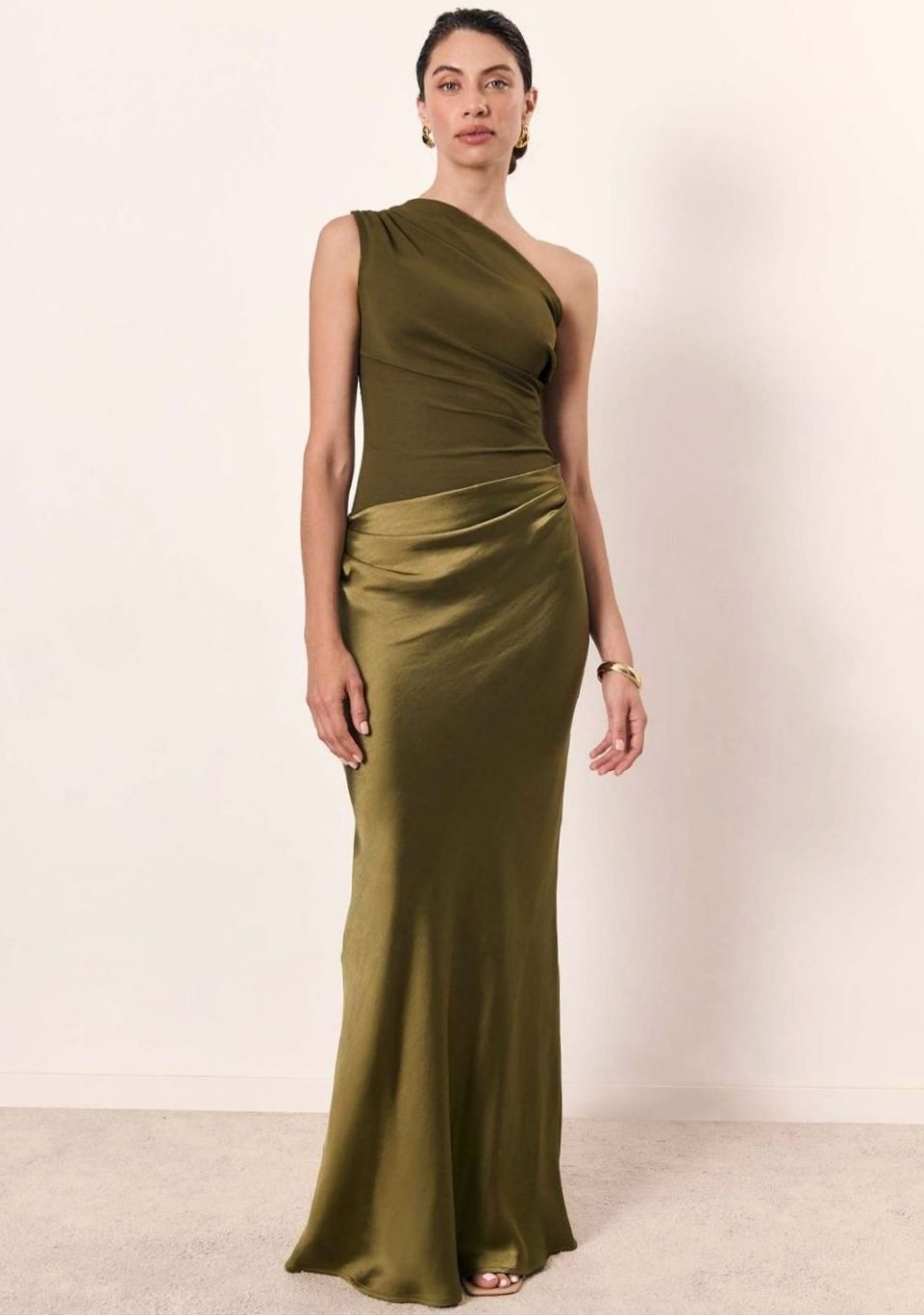 Women's One-Shoulder Ruched Maxi Dress - Matcha