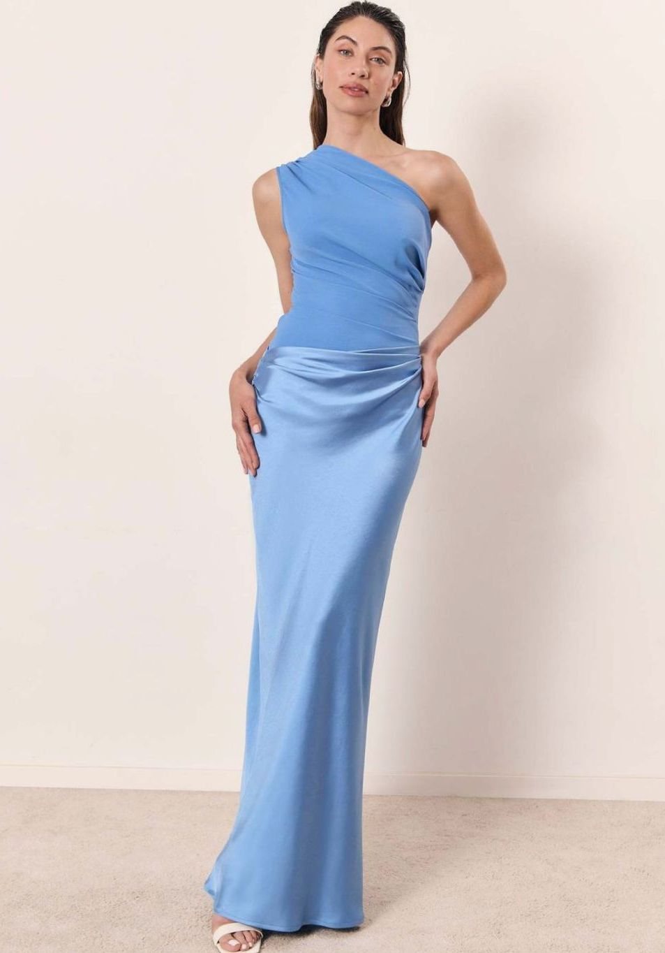 Women's One-Shoulder Ruched Maxi Dress - Sky Blue
