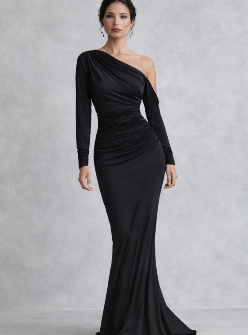 Women's One Shoulder Ruched Maxi Dress Long Sleeve Fitted Gown - Black