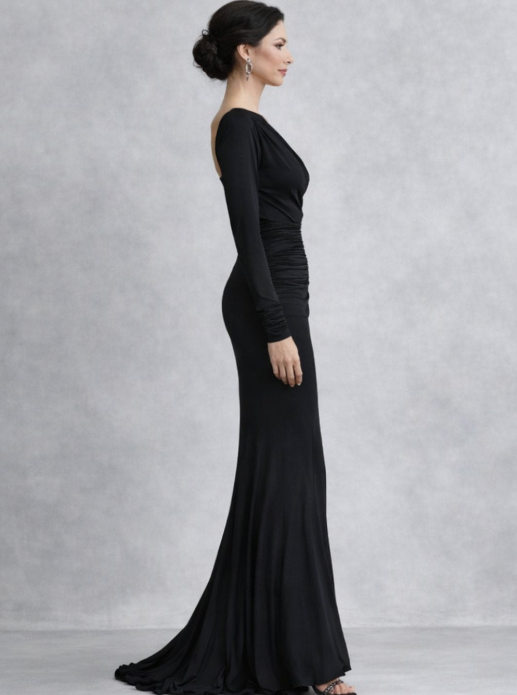 Women's One Shoulder Ruched Maxi Dress Long Sleeve Fitted Gown